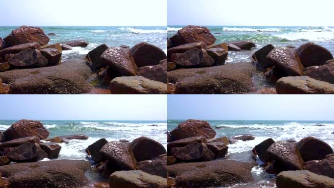 青岛海岸海浪冲击礁石白浪翻原声 4K素材