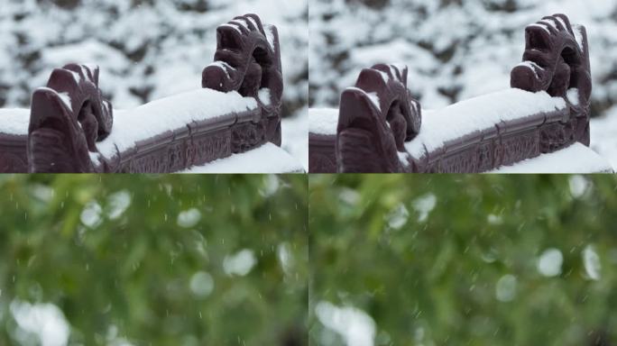 冬天冬季下雪飘雪屋顶瓦片积雪