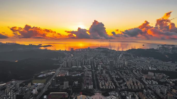 珠海城市旅游朝霞航拍城区风景延时发展宣传
