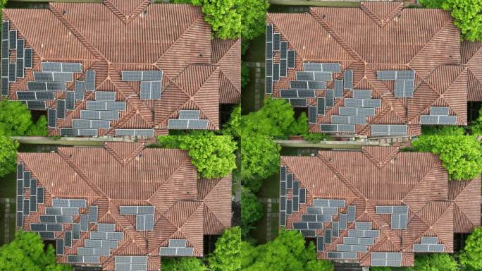 别墅屋顶的分布式太阳能光伏面板发电站