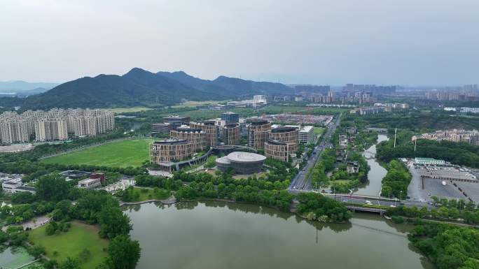 航拍浙江杭州滨江区白马湖动漫城广场