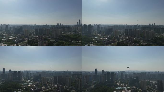 直升机飞跃城市上空航拍4k