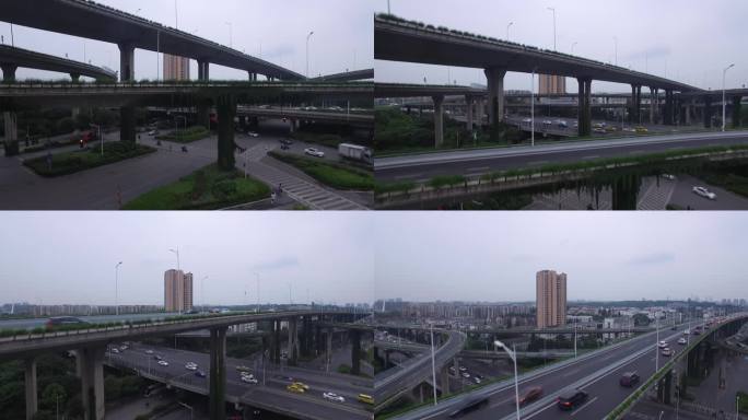 南京新庄航拍低角度高架桥新庄国展中心车流