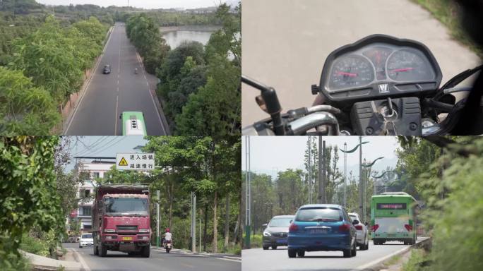 摩托车在乡镇道路上行驶航拍