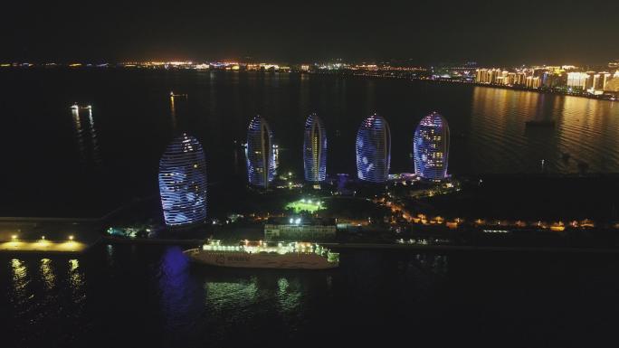 三亚海南海口凤凰岛夜景航拍旅游