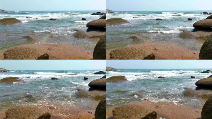 青岛大海春潮涌动白浪礁石翻原声 4K素材