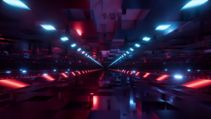 科技感方块隧道与霓虹灯光3D渲染