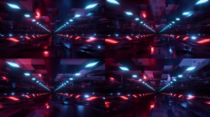 科技感方块隧道与霓虹灯光3D渲染