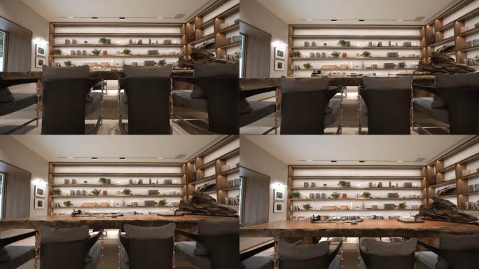 别墅内茶室长条实木桌子