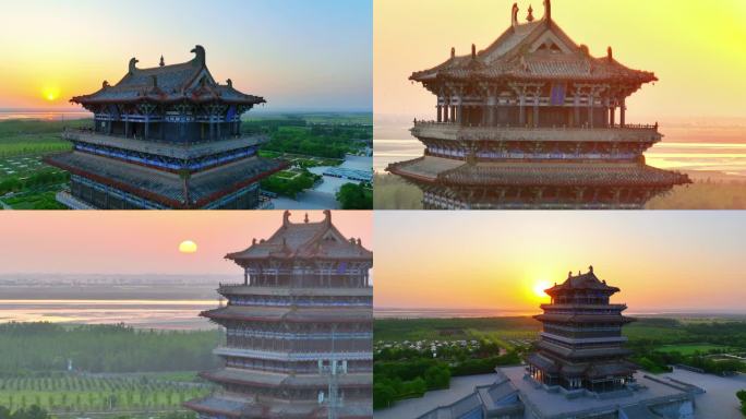 航拍山西运城鹳雀楼黄河日落夕阳