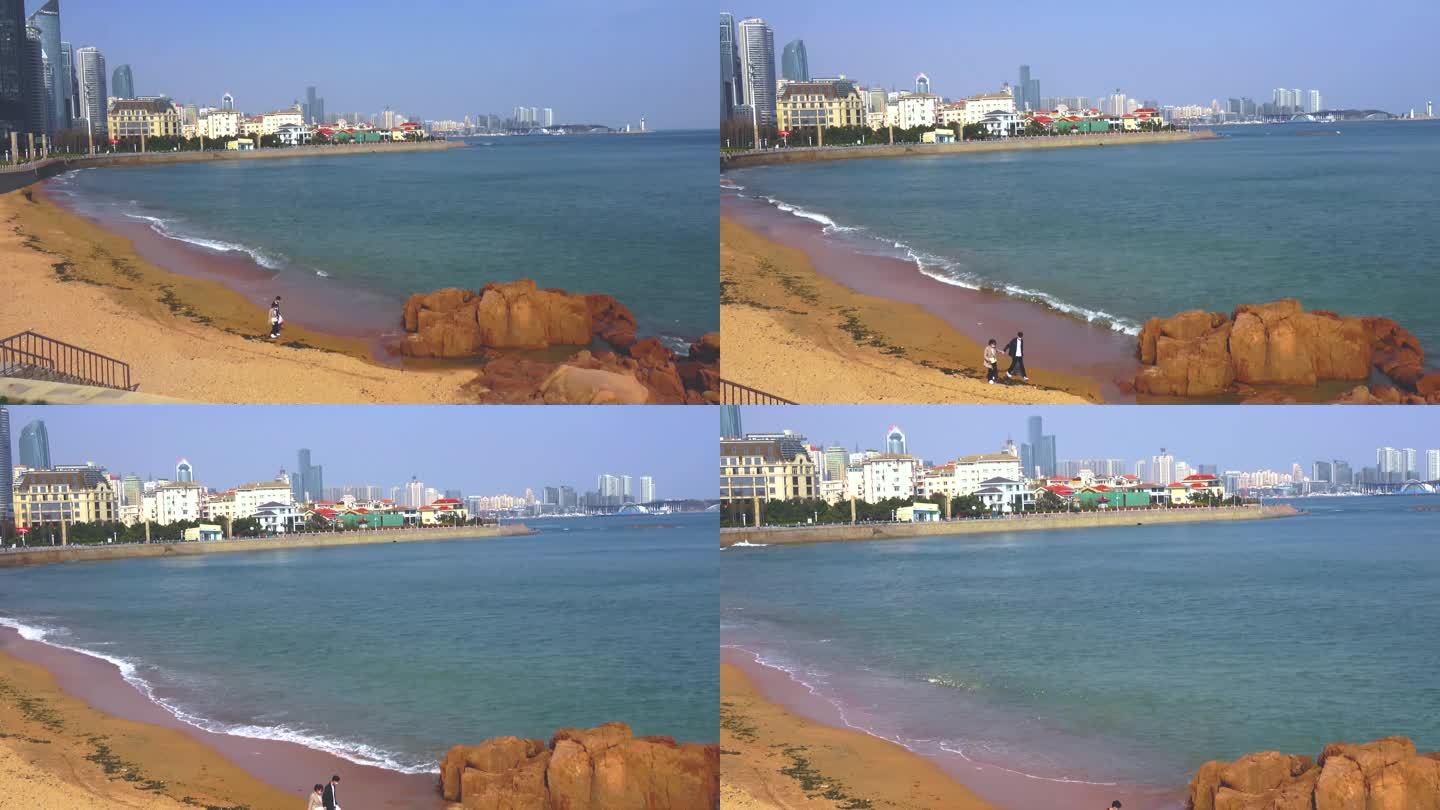 青岛海岸白浪冲刷金沙滩海浪原声 4K素材