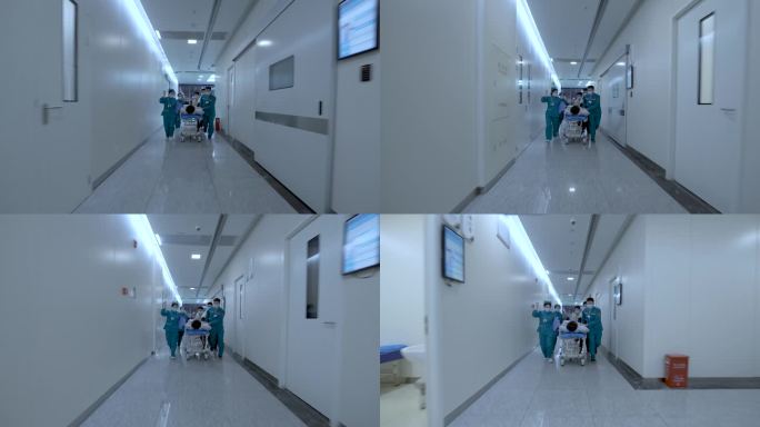 4K医生和护士推着病人沿着医院走廊急救