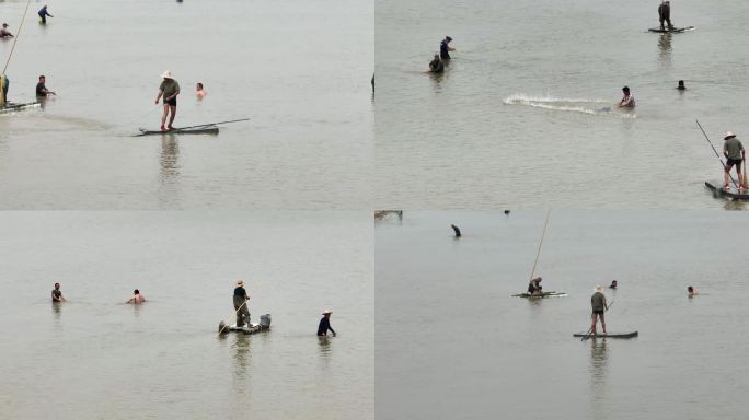 渔民在河里面撒网捕鱼