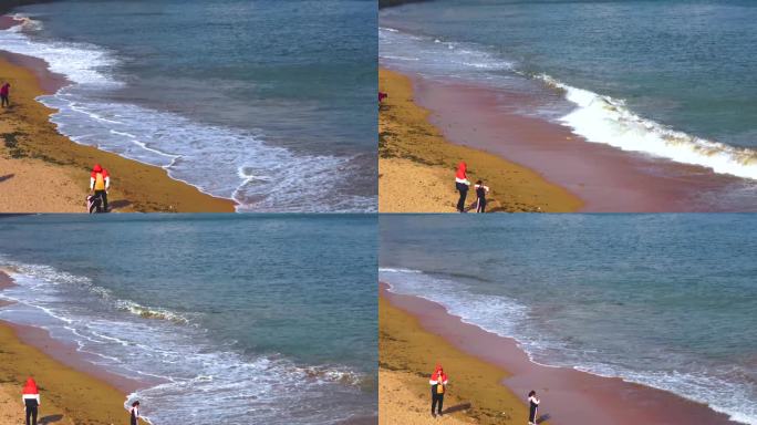 青岛海岸白浪冲沙滩游客看海原声 4K素材