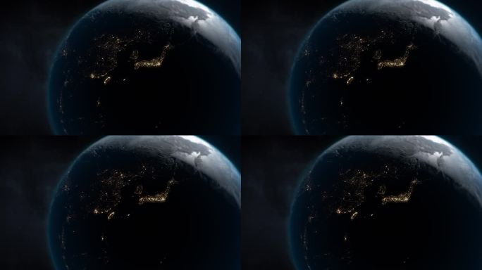 地球夜景太空视角亚洲全貌灯光星光蓝色星球