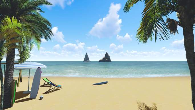 蓝天白云沙滩躺椅阳光椰子树海岛小船冲浪板