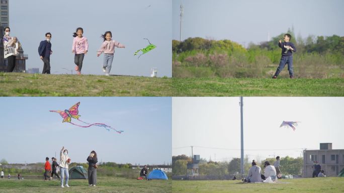春天里放风筝奔跑的孩子们