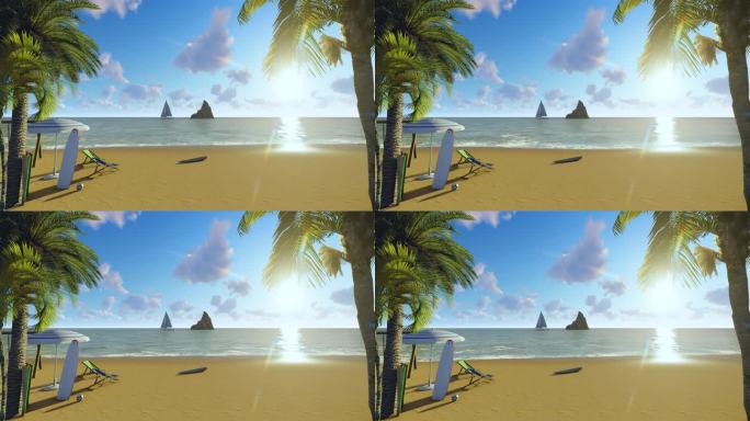 沙滩蓝天白云椰子树冲浪板太阳伞躺椅海南
