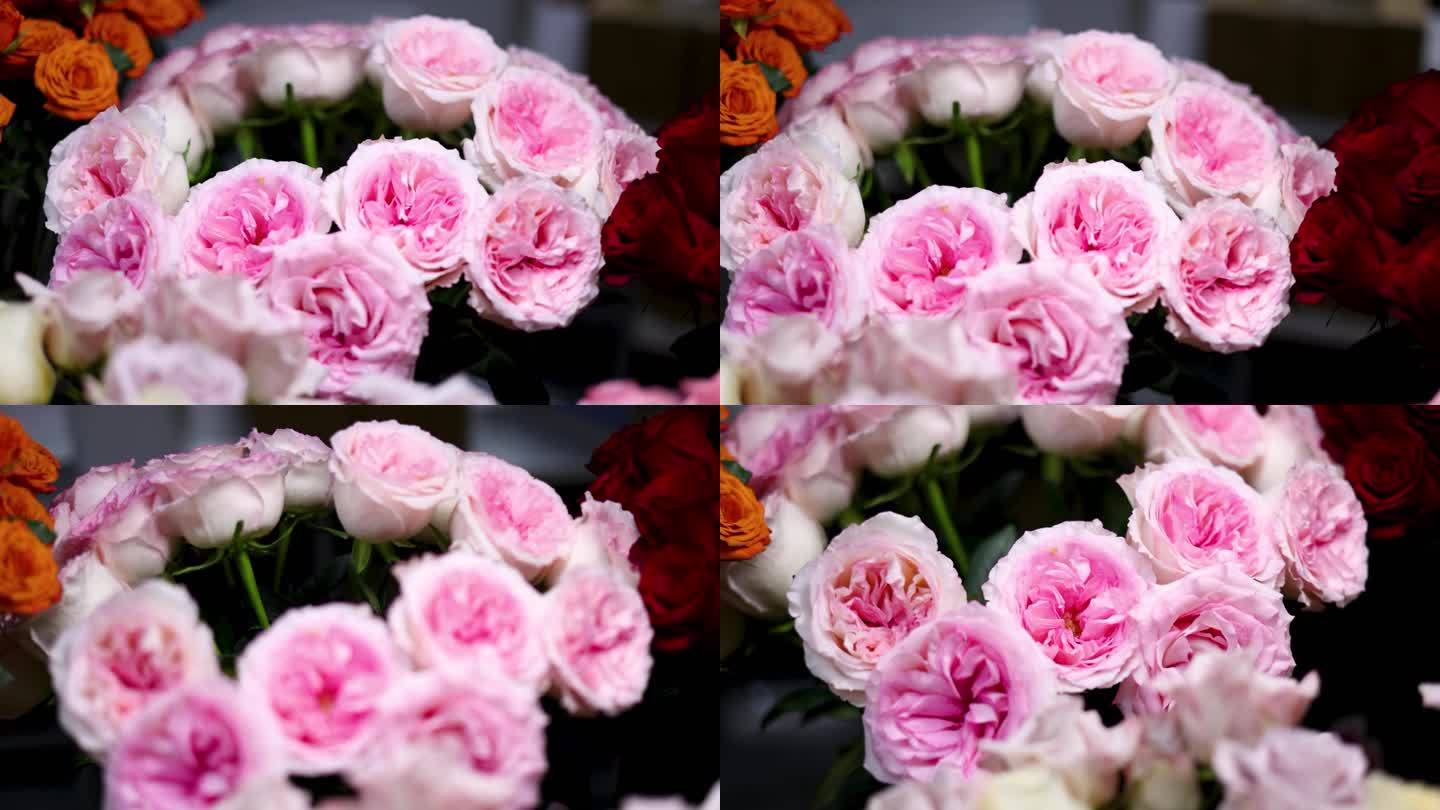 一束粉色玫瑰花特写移动镜头