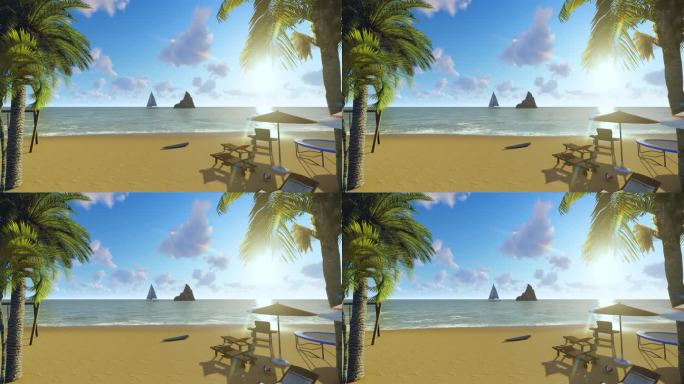 蓝天白云沙滩躺椅阳光椰子树
