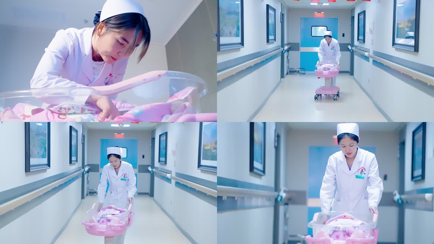 妇产科士护士将新生儿放入婴儿车4k项目