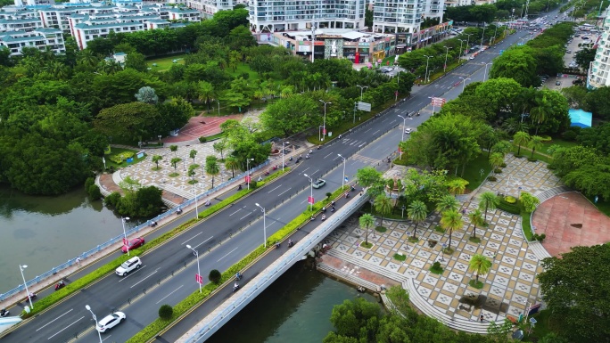 海南省三亚市城市迎宾路月川CBD航拍车流