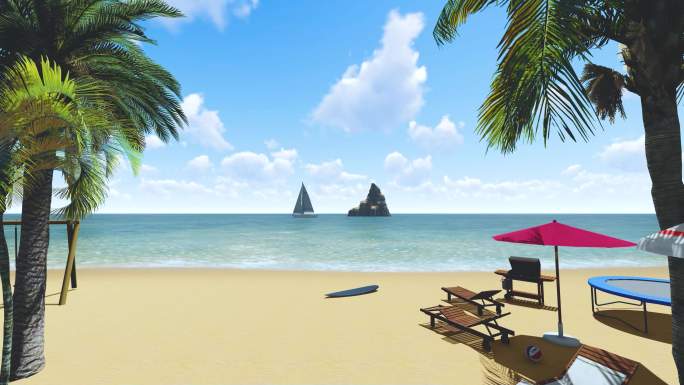 蓝天白云沙滩躺椅阳光椰子树海岛小船