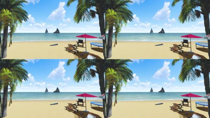 蓝天白云沙滩躺椅阳光椰子树海岛小船
