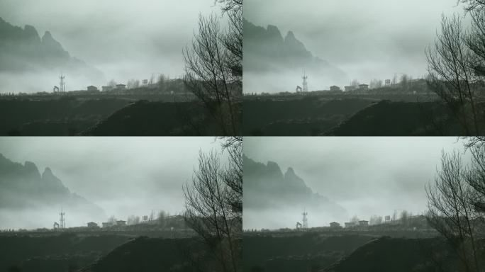 西藏旅游风光晨雾村庄