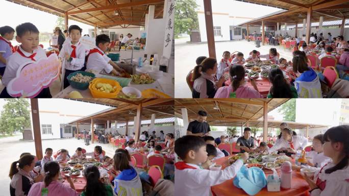 六一儿童节研学孩子们洗菜吃饭的画面
