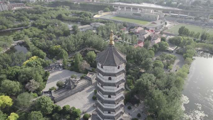 天津市宁园致远塔古建筑4K航拍视频
