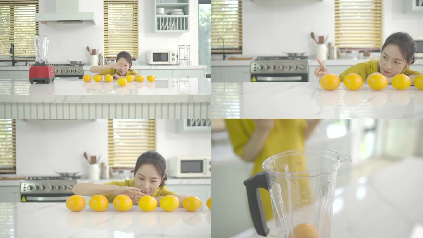 女生把橙子推向镜头 放进榨汁机