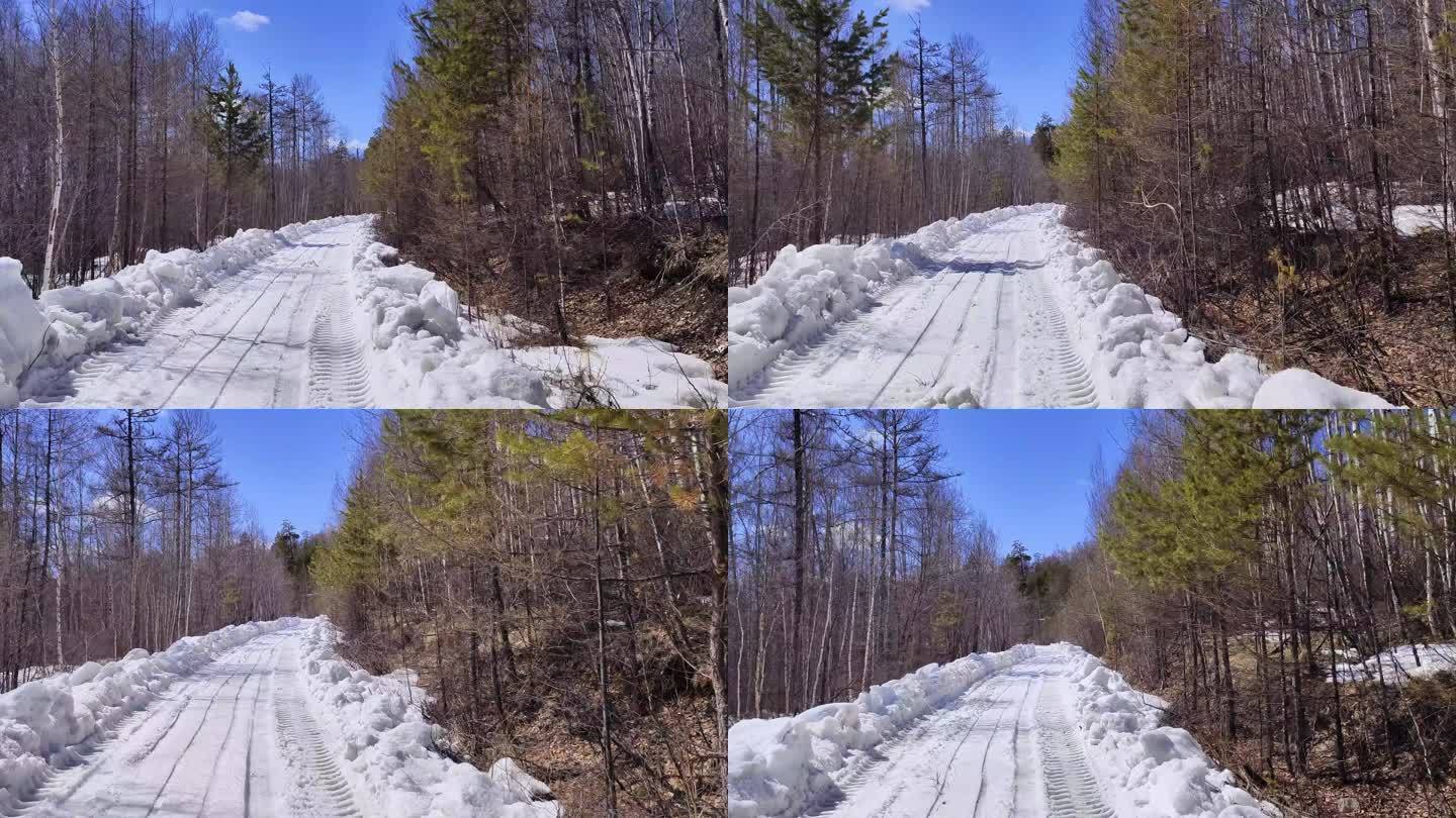 行驶在崎岖颠簸的森林雪路上