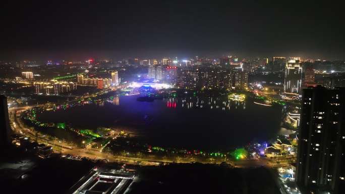 航拍钦州白石湖公园城市夜景