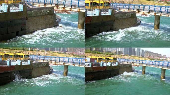 青岛海边大桥海浪冲击海岸原声 4K素材