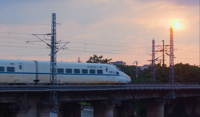 夕阳下高铁动车经过