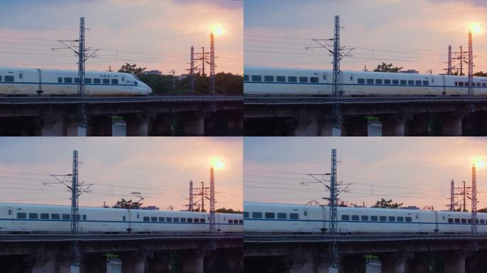 夕阳下高铁动车经过