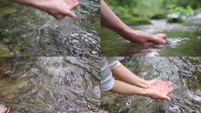 双手捧起清澈的溪水  小河溪流自然