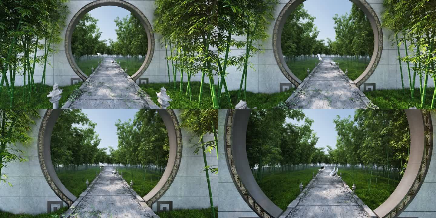 新中式休闲庭院仙鹤飞翔三维画面