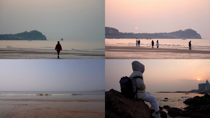 海边年轻人拍照看风景日出日落