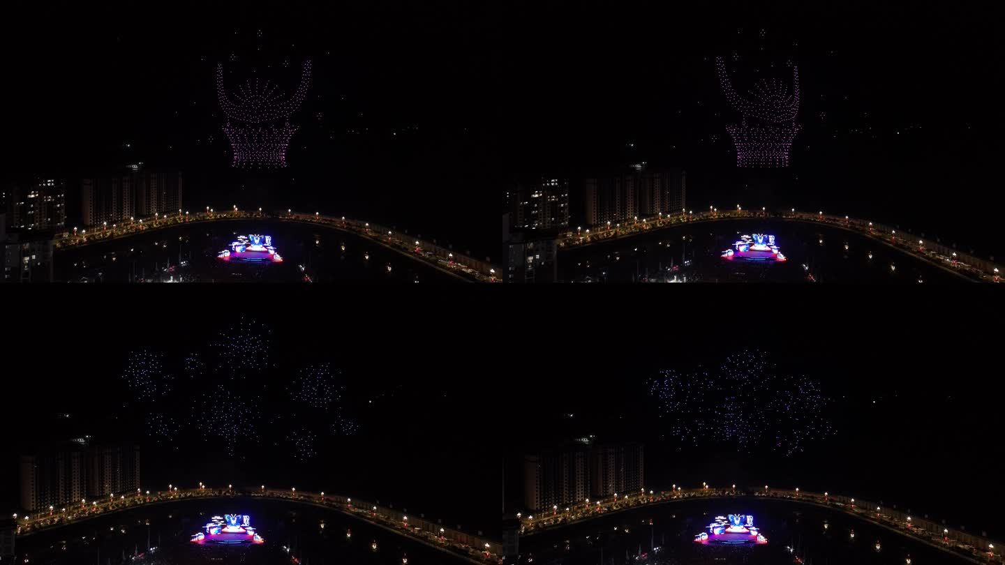 航拍贵州台江夜上空的百架无人机表演