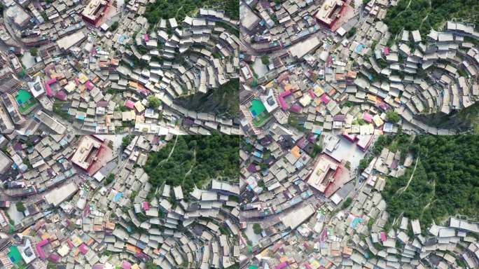 西藏 航拍 空镜 山间小镇 建筑 房顶