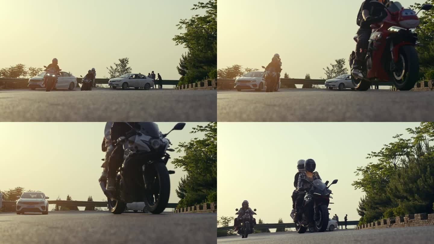 【4K电影机拍摄】夕阳下摩托车在山路行驶