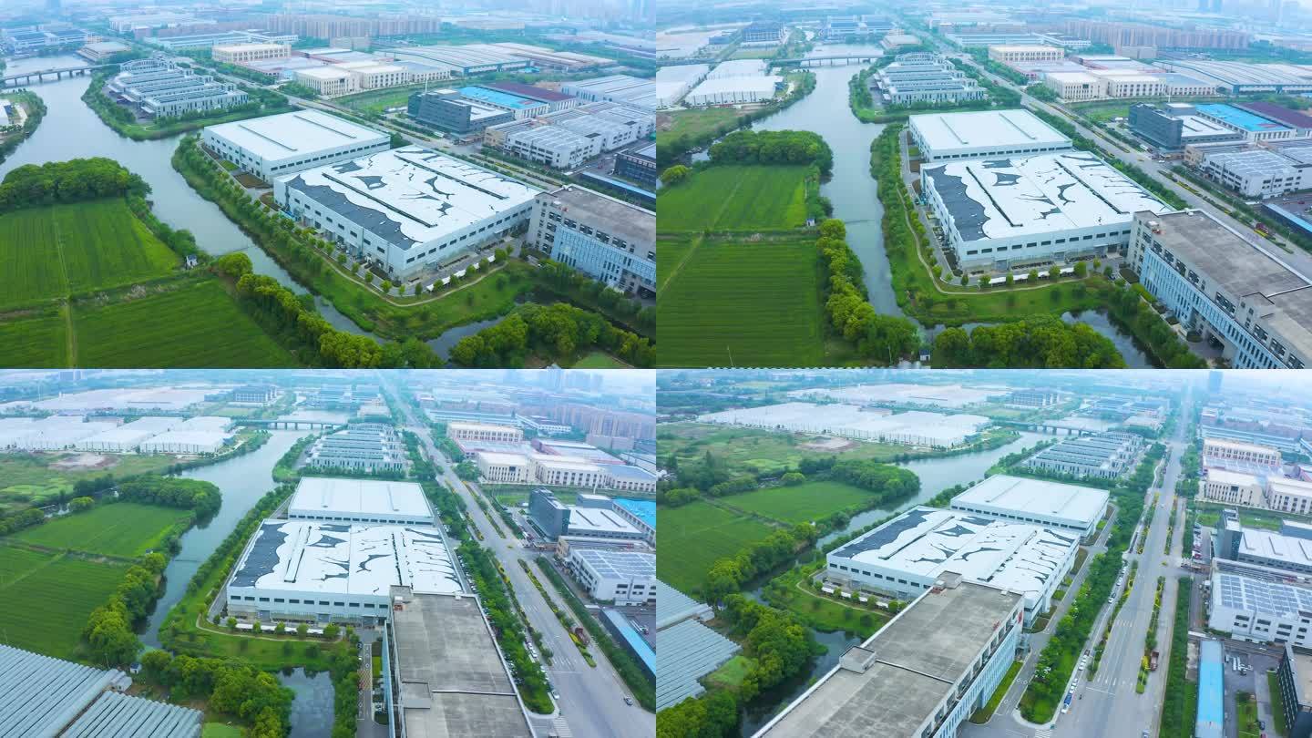 4K现代化工厂外立面江河水系环绕美丽工厂