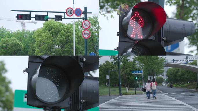 4K高清城市红绿灯过马路的女孩和公交车