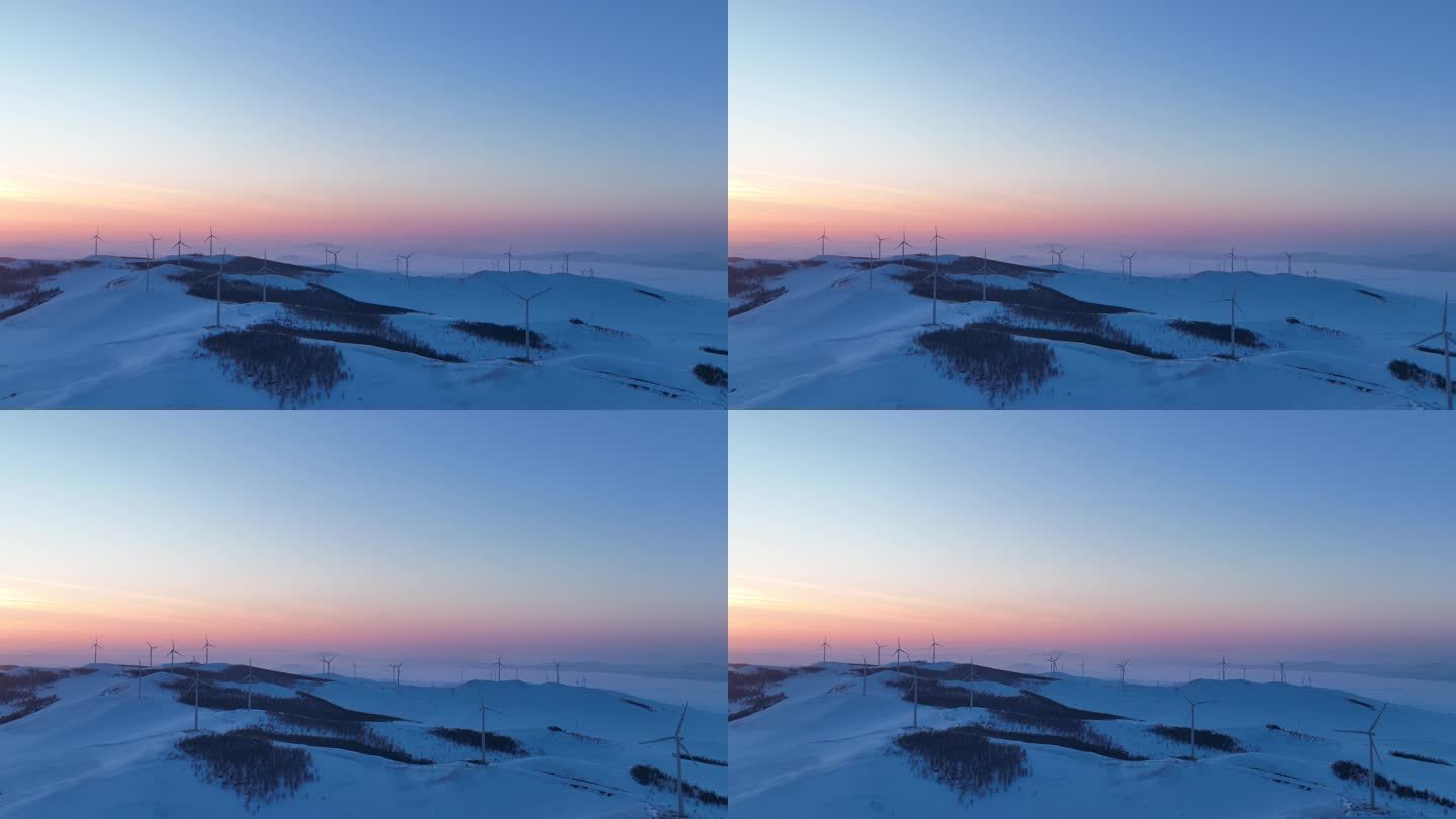 北方苍茫雪原风力发电场暮色