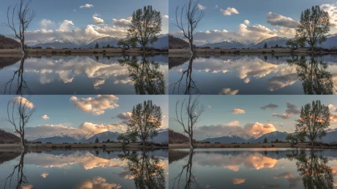 4K云南迪庆德钦雪达湖梅里雪山日落延时