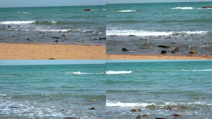 青岛蓝色大海波浪冲击海滩原声 4K素材