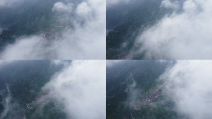 航拍大山云雾，航拍大山深处云雾下小山村