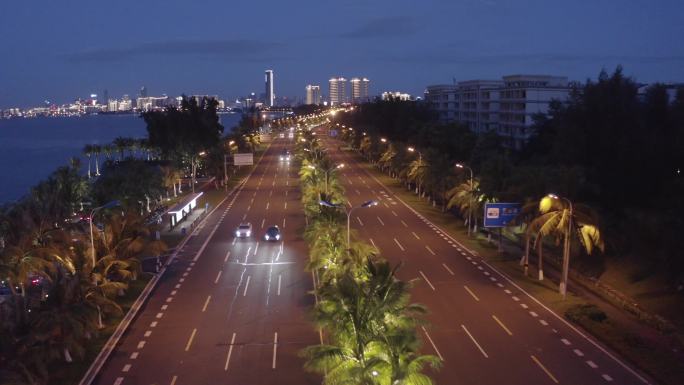 海口西海岸西秀海滩海口湾夜景航拍4k